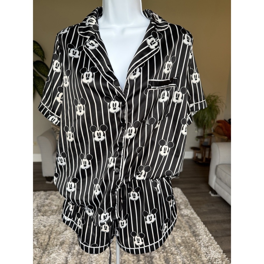 Forever 21 Disney Mickey Mouse Striped Satin Pajama Set Black White Large